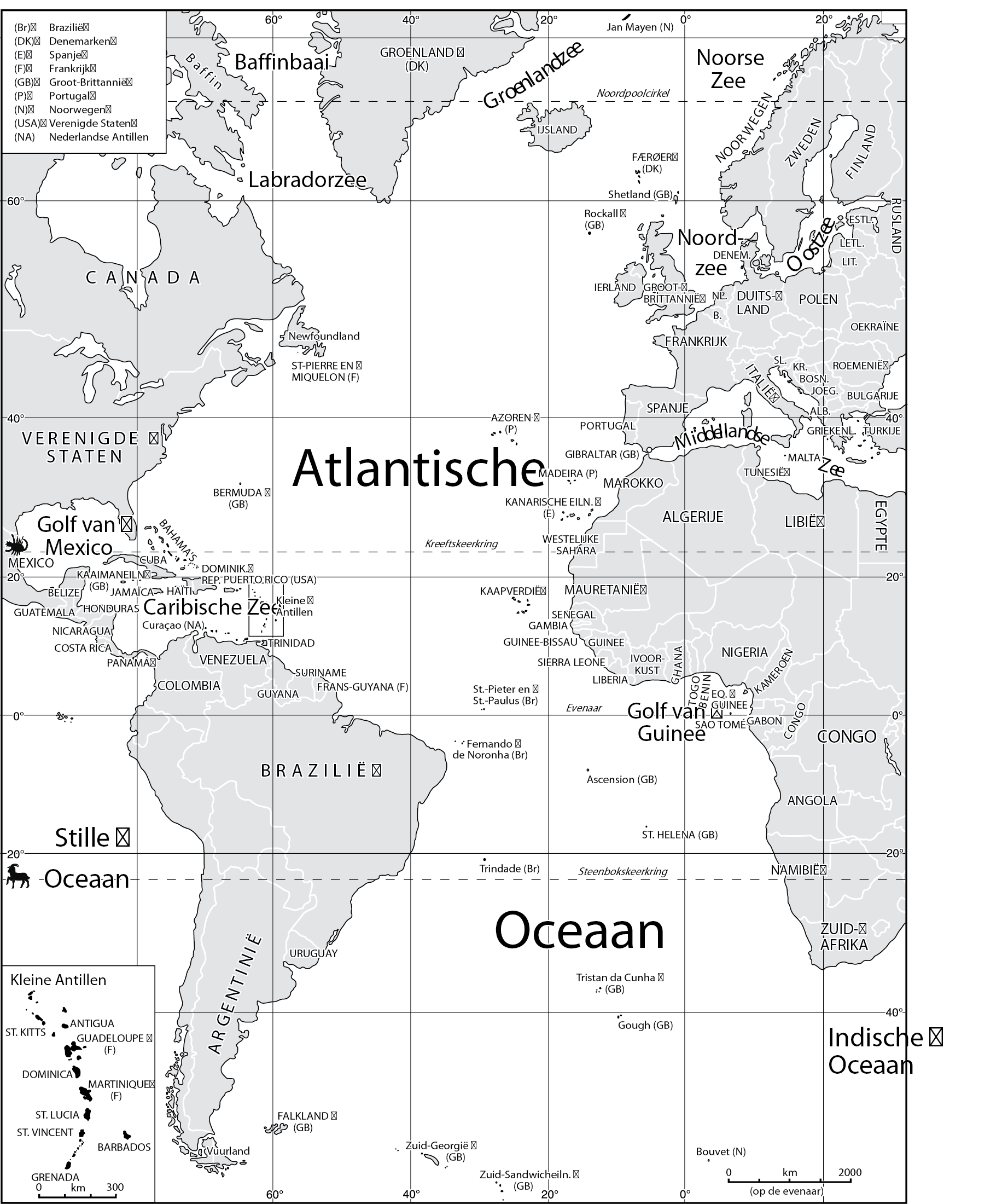 Afbeelding van een classic reliëfkaart. Hier wordt de kaart van de Atlantische oceaan als voorbeeld getoond.