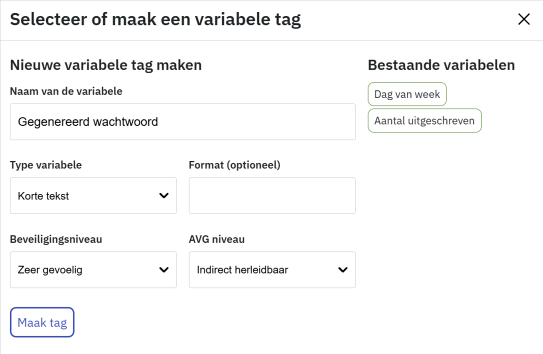 Voorbeeld van het aanmaken van een tag binnen Orchestra