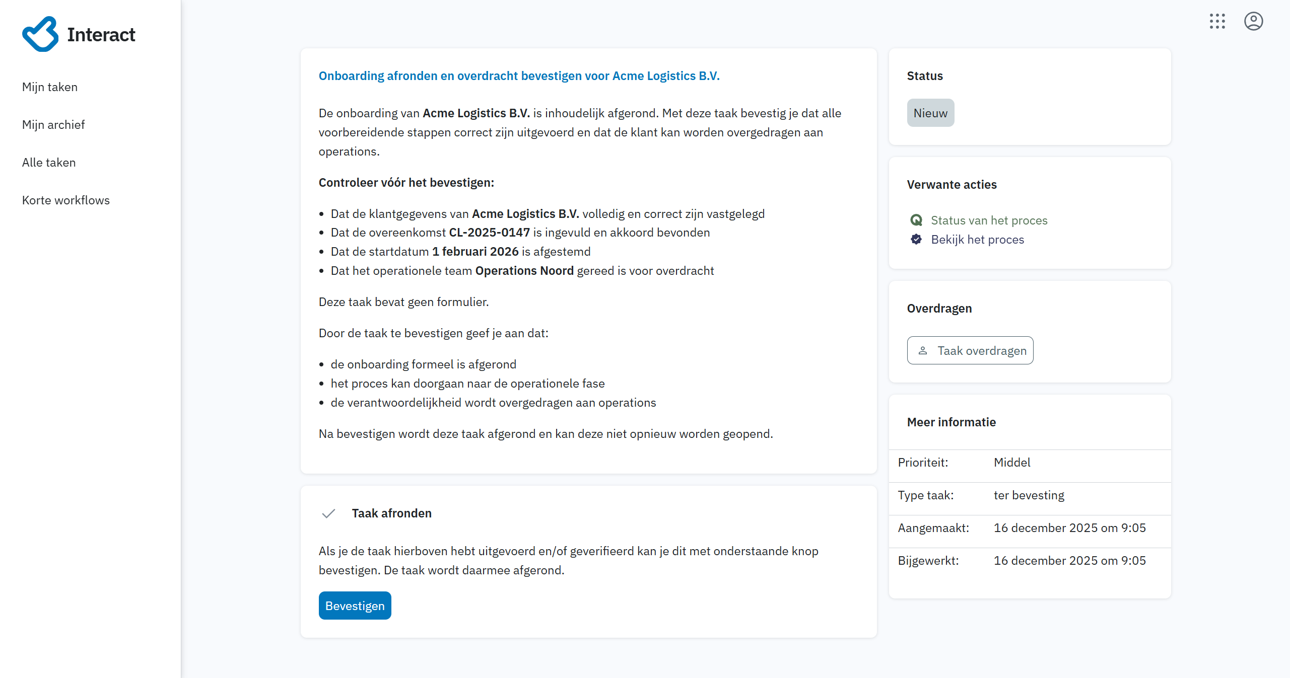 Weergave van een bevestigingstaak in Interact