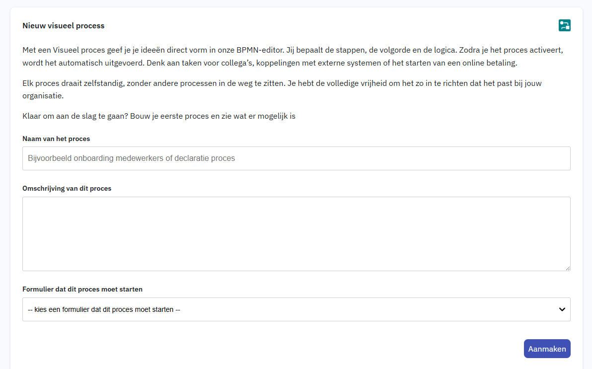 Screenshot van het koppelen van een formulier bij het aanmaken van een proces