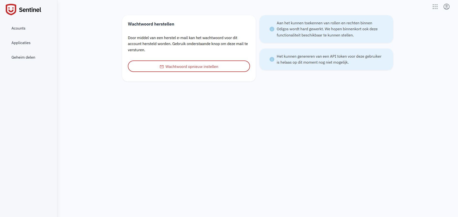 Wachtwoord herstel optie in Sentinel