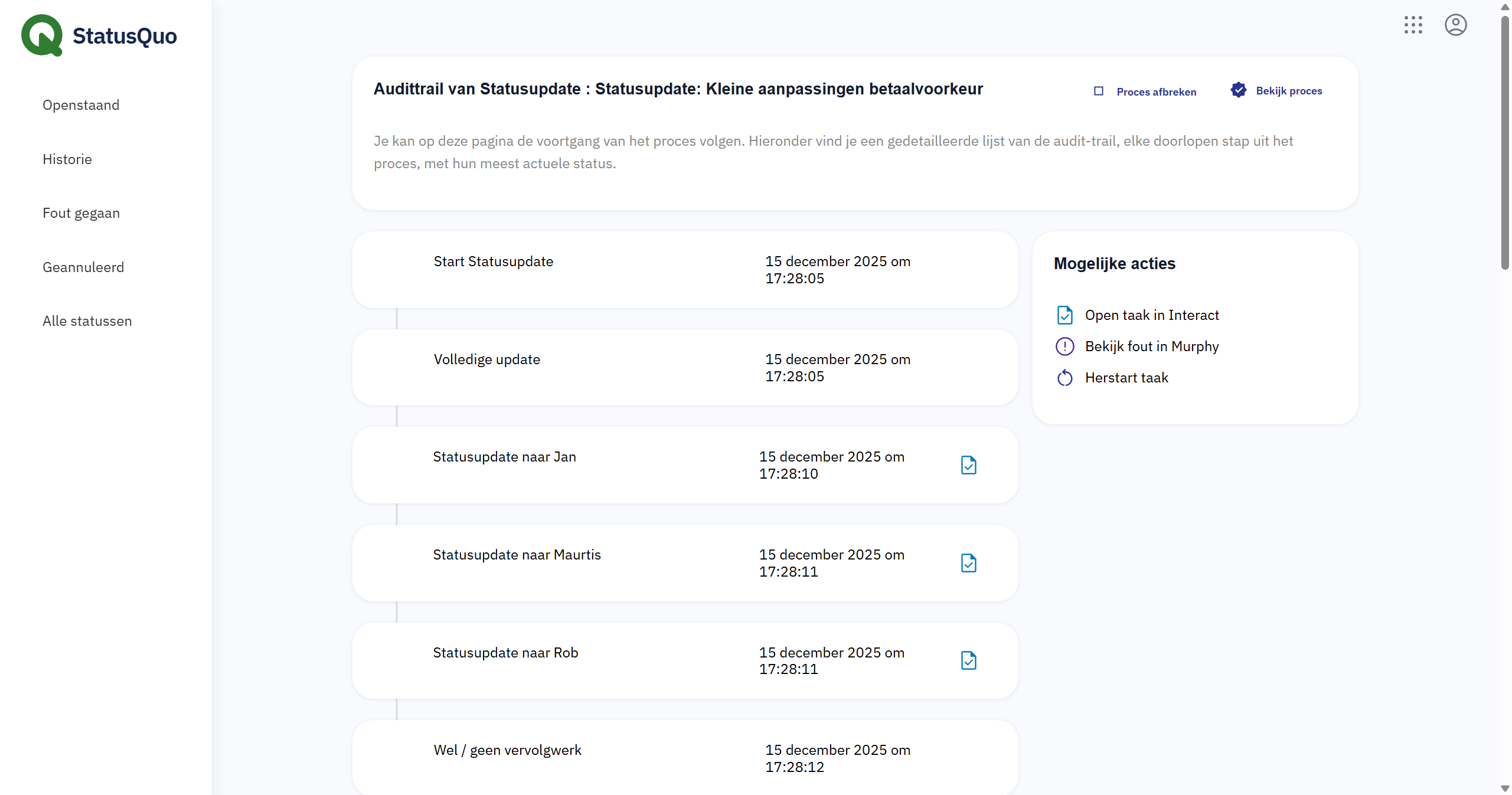 Audit trail van een proces in StatusQuo