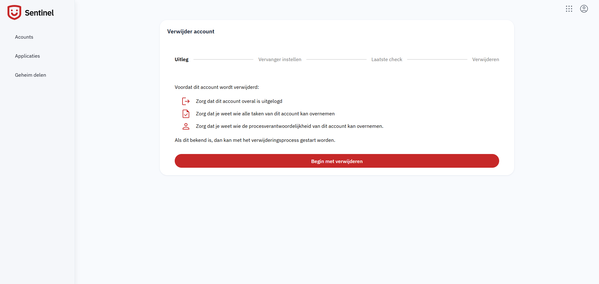 Account verwijderen in Sentinel