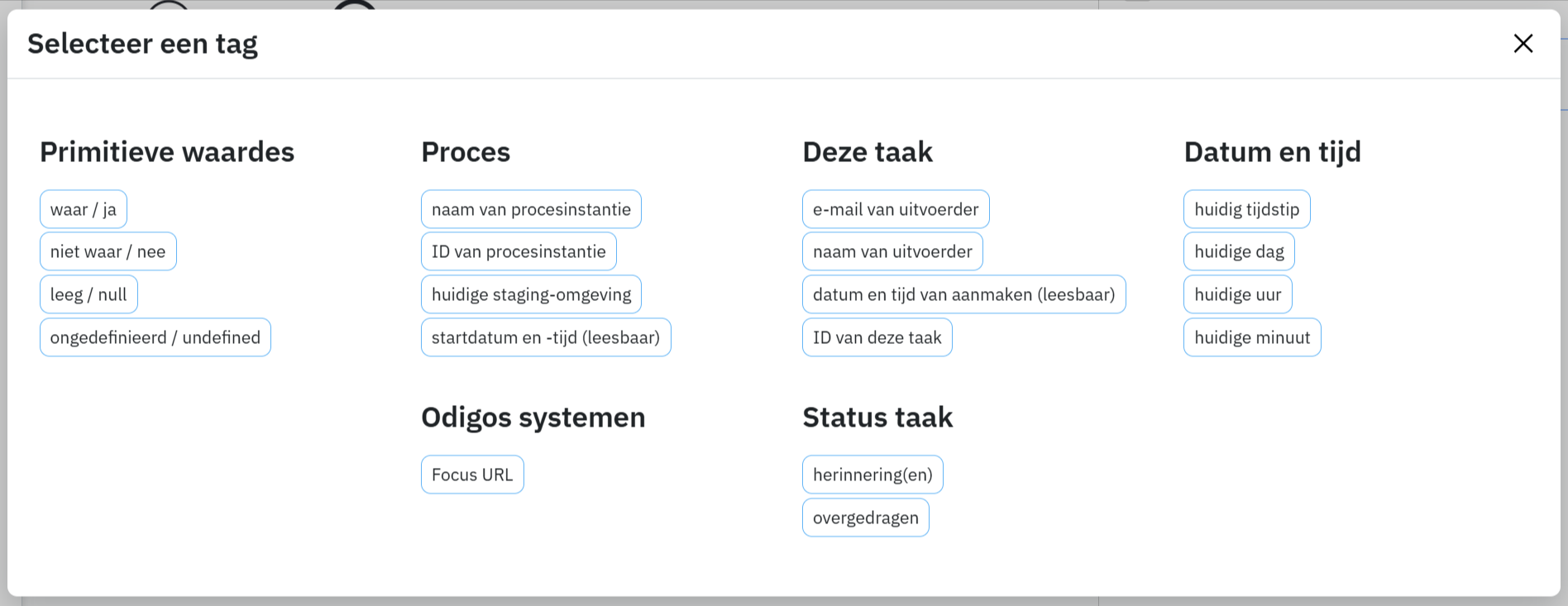 De popup waarmee je een tag kan selecteren in Orchestra