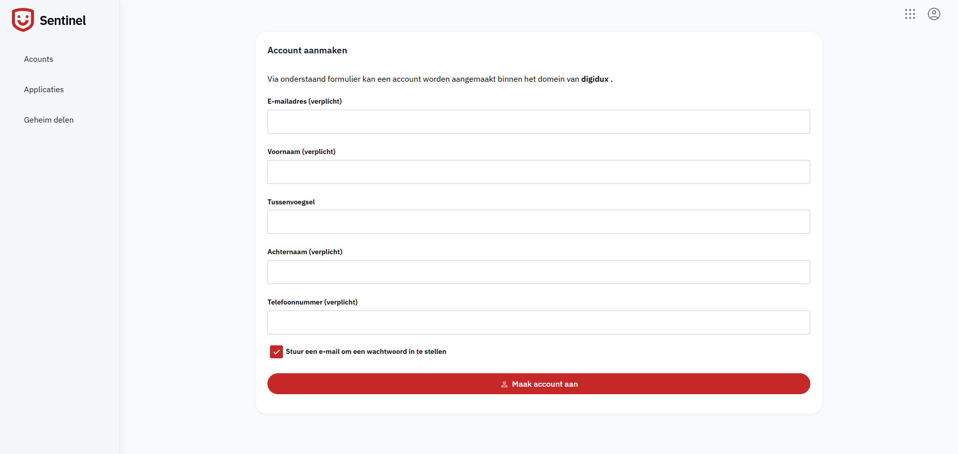 Scherm voor nieuw account in Sentinel
