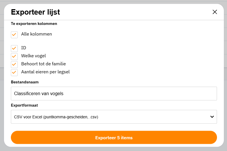 Voorbeeld van de pop-up om data mee te exporteren via Dossier
